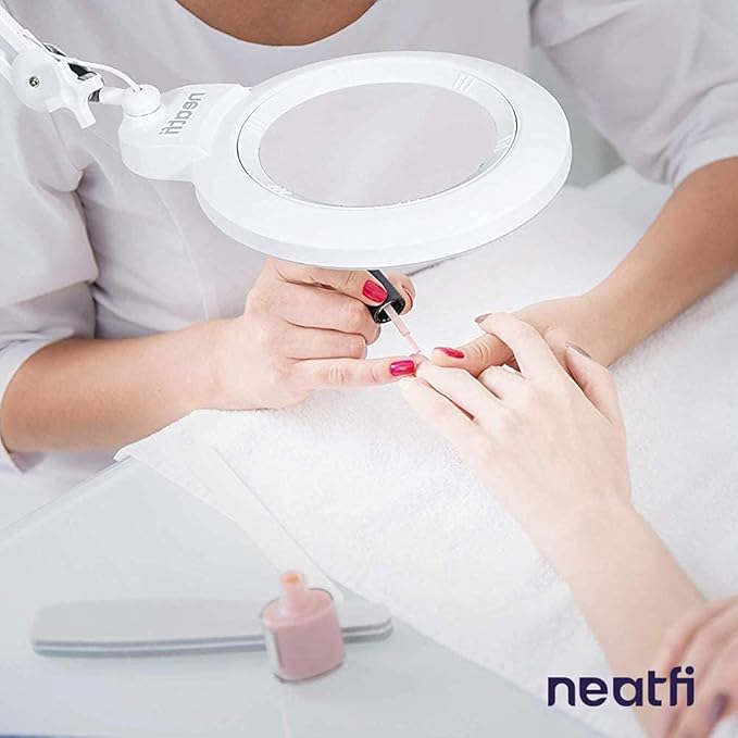 Neatfi XL Bifocal LED Magnifying Lamp, 7-Inch Acrylic Lens, 5D/20D Magnification, Hands-Free, Dimmable, 84 SMD LED, Adjustable Arm for Crafts, Reading, Close Work (White, with Clamp)