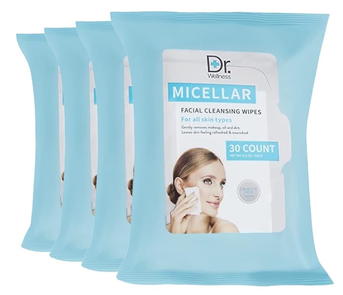 Dr. Wellness Gentle Cleansing Facial Wipes Variety Pack for All Skin Types, 30 Count (Pack of 4), Micellar