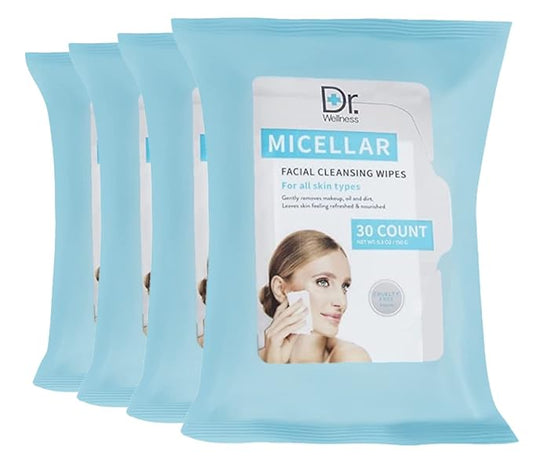 Dr. Wellness Gentle Cleansing Facial Wipes Variety Pack for All Skin Types, 30 Count (Pack of 4), Micellar