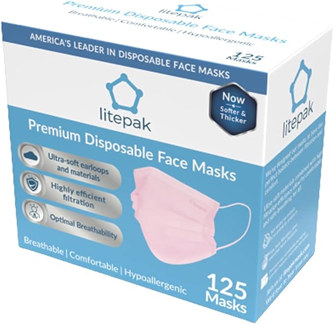 Litepak 125-Pack Disposable Face Mask Premium Comfort Earloops with Dispenser Box (Pink)