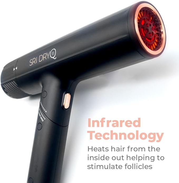 SRILabs DryQ “Smart” Hair Dryer - Super Lightweight, Foldable - Powerful, Quiet Motor - Infrared and Ionic Technology - 3 Magnetic Attachments - Heat Control with Locking Switch
