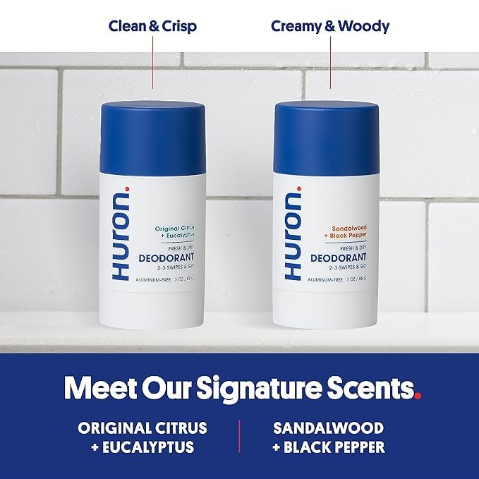 Huron Men’s Deodorant - Dermatologist & Clinically Tested 48 Hour Odor Protection - Aluminum Free Deodorant - 3.2 Oz - Original Citrus + Eucalyptus (2 Pack)