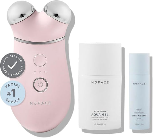 NuFACE Trinity+ Microcurrent Facial Device Kit - FDA Cleared Face Sculpting & Neck Tightening Device to Contour Cheeks & Brows + Microcurrent Gel Activator & Silk Creme - Sandy Rose