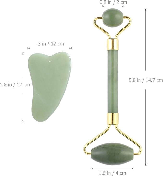 rosenice Gua Sha Facial Tools Guasha Tool Gua Sha Jade Stone for Face Skincare Facial Body Acupuncture Relieve Muscle Tensions Reduce Puffiness Festive Gifts (Green-Set)