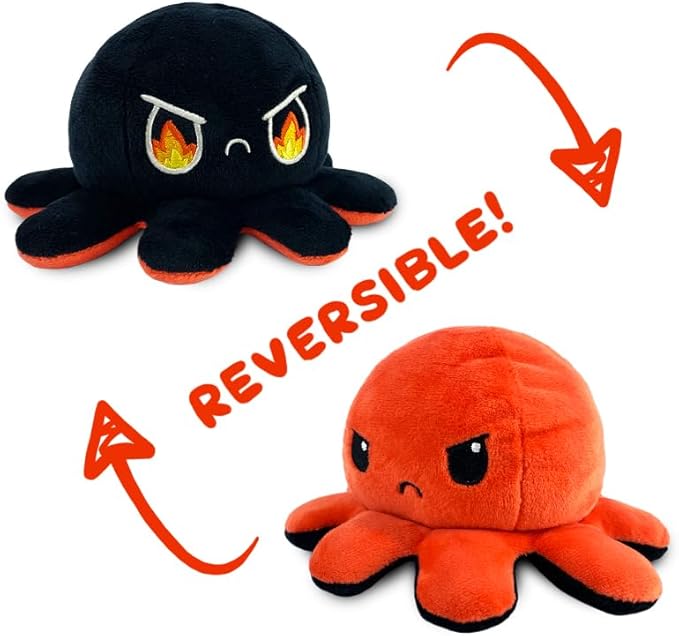 TeeTurtle - The Original Reversible Octopus Plushie - Angry Red + Rage Black - Cute Sensory Fidget Stuffed Animals That Show Your Mood, 4 inch