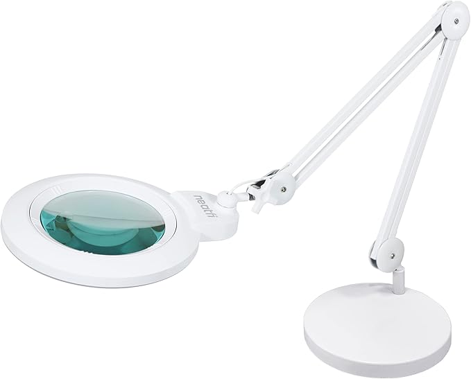 Neatfi XL Bifocal LED Magnifying Lamp, 7-Inch Acrylic Lens, 5D/20D Magnification, Hands-Free, Dimmable, 84 SMD LED, Adjustable Arm for Crafts, Reading, Close Work (White, with Base)