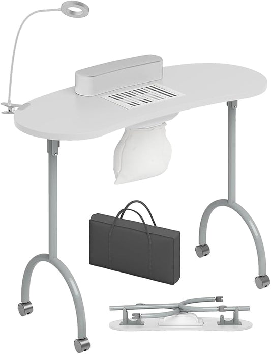 TABU Portable Manicure Nail Table, Foldable Manicure Table with Dust Collector Fan, LED Lamp, 4 Lockable Wheels and Carry Bag, Professional Nail Desk with Wrist Cushion (White)