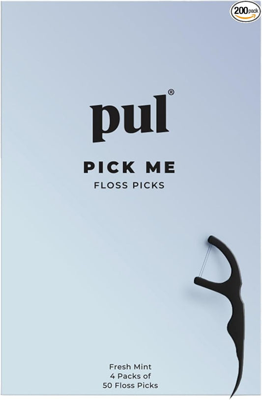 PUL Dental Floss Picks – Mint Teeth Flossers for Deep Cleaning, Removing Food Particles & Plaque – Shred-Resistant Nylon Floss, Plant-Based Handle, Fluoride Free – for Adults & Kids (200 Count)