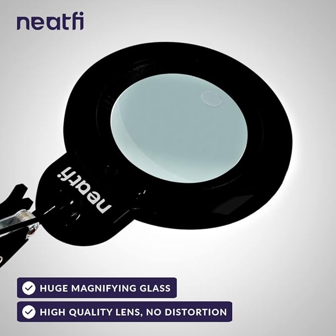 Neatfi XL Bifocal LED Magnifying Lamp, 7-Inch Acrylic Lens, 5D/20D Magnification, Hands-Free, Dimmable, 84 SMD LED, Adjustable Arm for Crafts, Reading, Close Work (Black, with Clamp)