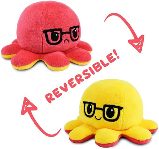 TeeTurtle - The Original Reversible Octopus Plushie - Red + Yellow with Glasses - Cute Sensory Fidget Stuffed Animals That Show Your Mood 4x4x3