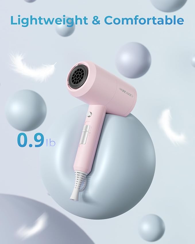 SHRATE Lightweight Ionic Hair Dryer with Diffuser - Powerful 1800W Blow Dryer for Fast Drying - Professional Low Noise Mini Hair Dryer for Travel, Gifts, Hair Styling