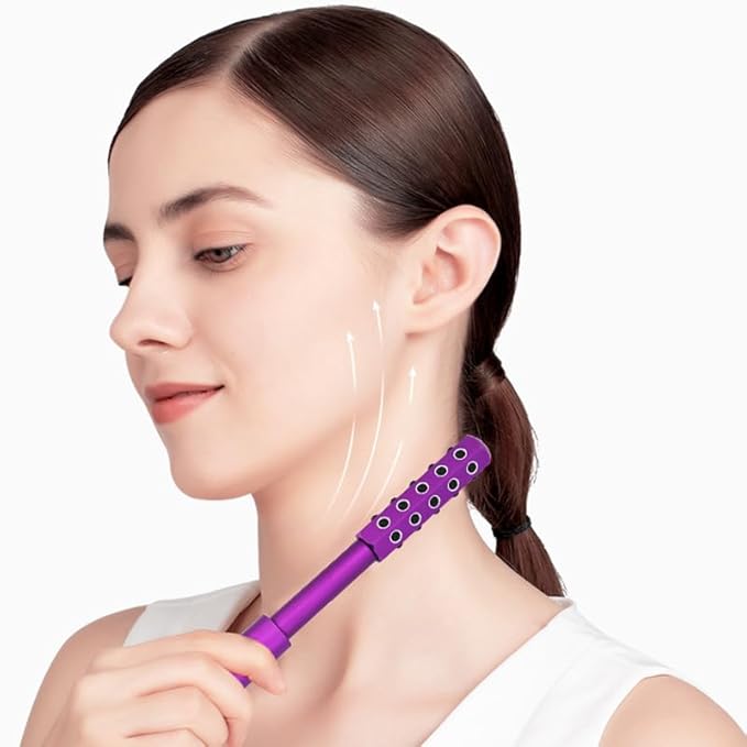 30-Stone Facial Roller - Cooling Face & Neck Massager Tool for Skin Rejuvenation | 360° Contouring with Germanium Stones & Aircraft Aluminum | Portable 7.6" Beauty Roller - Purple