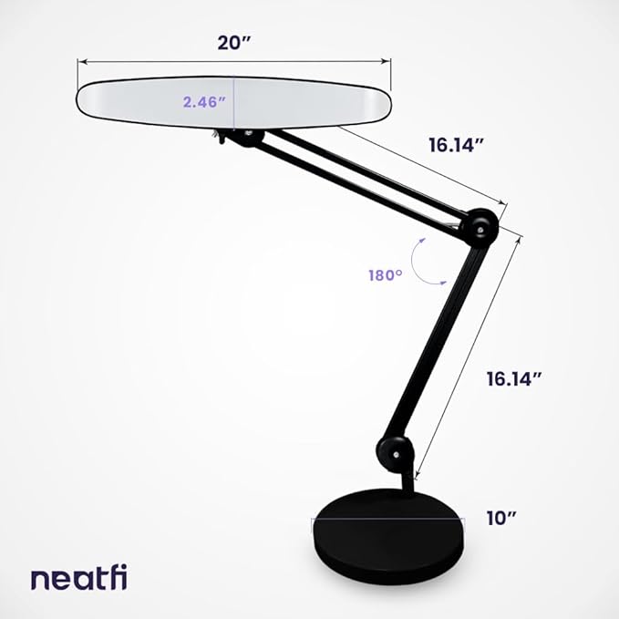 Neatfi XL 2,200 Lumens LED Task Lamp, 24W, 117 Pcs SMD LED, 4 Level Brightness, Dimmable, Desk Light for Home, Office, Workbench (Non-CCT with Base, Black)