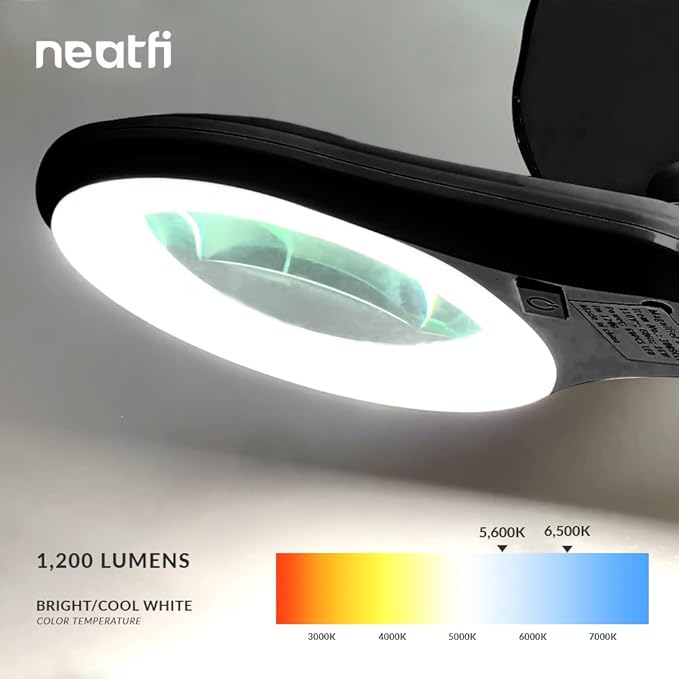 Neatfi 1,200 Lumens Super LED Magnifying Lamp with Clamp, Dimmable, Includes Microfiber Cleaning Cloth, 5 Inch Diameter Lens for Reading, Sewing, Crafting (Black, 5 Diopter)