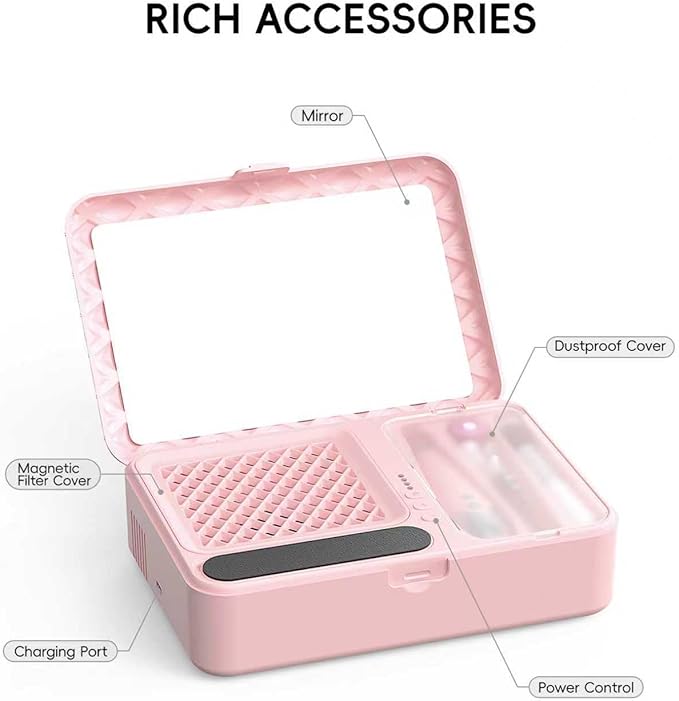 Portable Nail Dust Collector Deluxe Kit, Rechargeable Cordless Nail Quiet Vacuum Fan Cleaner with Mirror & Reusable Filters, Rich Nail Tech Tools, Compact Travel Size, Best Gifts for Women Teen Girls