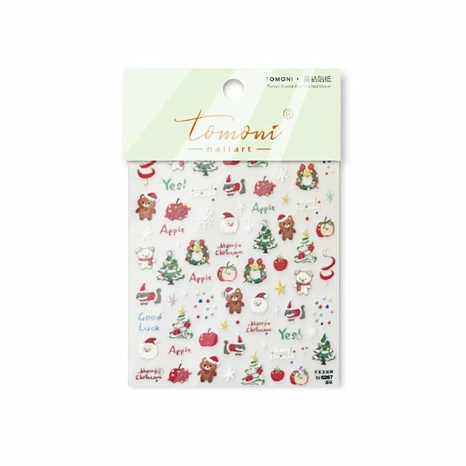 Christmas Nail Art Stickers 5D Diamond Xmas Nail Decals 1PCS Xmas Trees Apple Santa Claus Bear Christmas Nails Design Cute Holiday Nail Stickers Nail Art Supplies for Women DIY Manicure Decorations