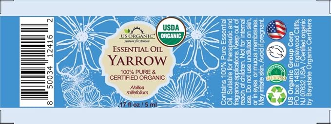 US Organic 100% Pure Yarrow Essential Oil, USDA Certified Organic, Steam Distilled, Achillea Millefolium, Therapeutic Grade, Calming & Soothing, Skin Care & Aromatherapy, Sourced from Bulgaria (5 ml)