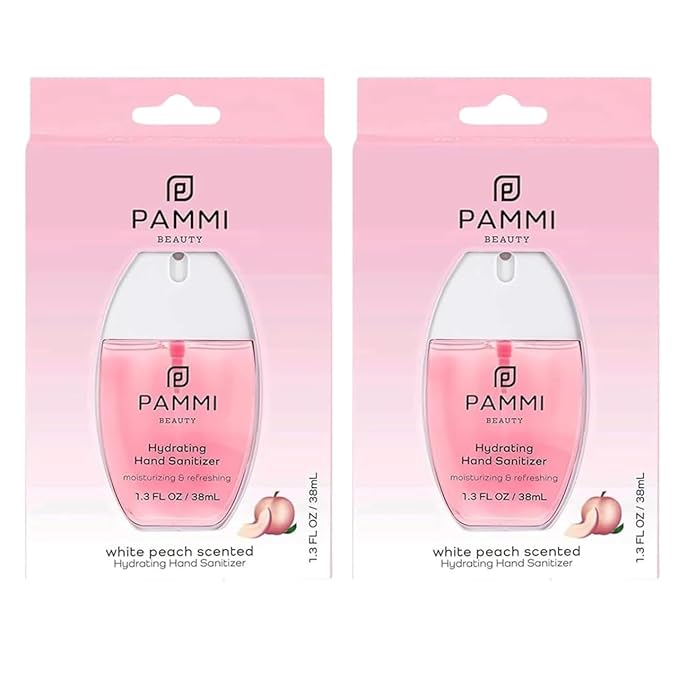 PAMMI Power Mist Hydrating Hand Sanitizer Spray, Portable Travel Size Pocket Hand Sanitizer, Scented Handsanitizer Mini Spray For Car - 600 Sprays (2 Packs (White Peach))