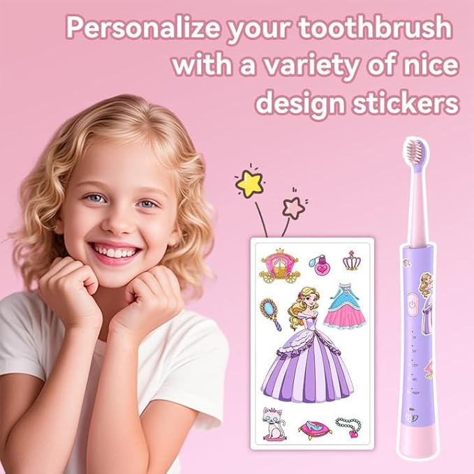 JTF Kids Electric Toothbrush Rechargeable: Sonic Tooth Brush with Smart Timer 5 Brushing Modes 4 Soft Brush Heads IPX7 Waterproof and DIY Sticker, Portable Pink Children Toothbrushes for Girl, Ages 3+