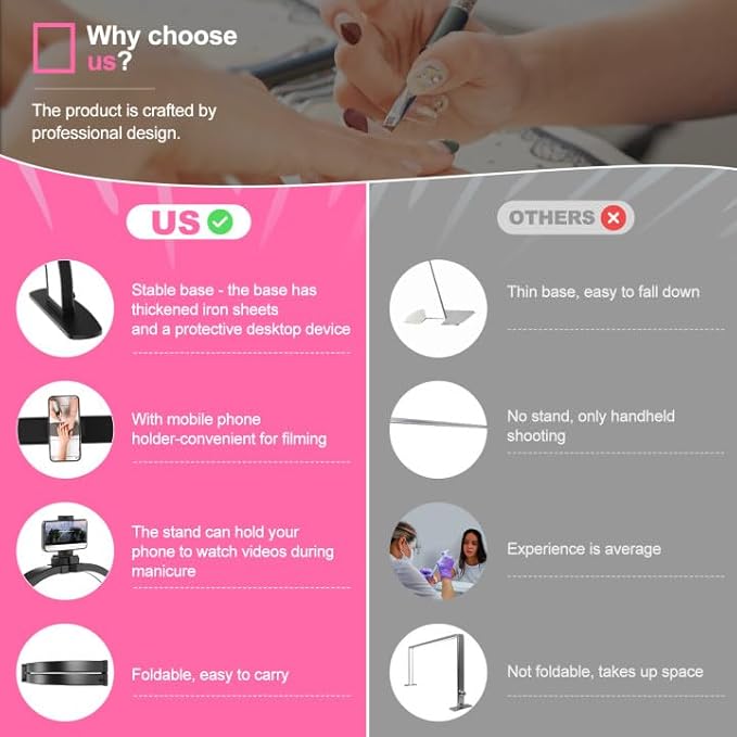 Nail Half Moon Light: Big LED Arch Nail Tech Table Lamp with Phone Holder - Salon Professional Desk Light 3 Mode Lighting Manicure Technician Use