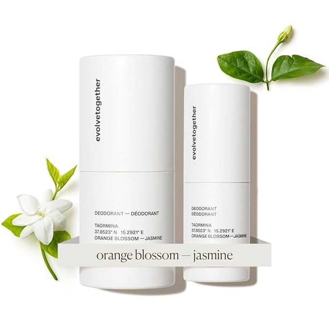 evolvetogether Aluminum Free Natural Deodorant Duo for Women & Men | Geranium & Jasmine | Neutralizes Odors, Soothes Skin | Vegan, Cruelty-Free, Baking Soda Free | Made in USA (Taormina, 1.69 Oz)