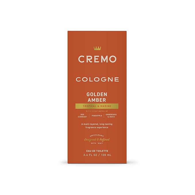 Cremo Cologne For Men - Golden Amber Mens Cologne Spray, A Combination of Red Currant, Pineapple, Ambergris and Moss, Multi-Layered Signature Men's Fragrances, 3.4 Fl Oz