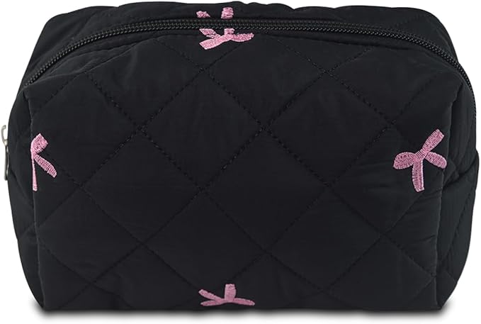 Quilted Makeup Pouch,Cotton Puffy Makeup Bag, Coquette Cosmetic Bag for Women and Girls, Aesthetic Organizer Bag, Cute Flower Travel Toiletry Bag