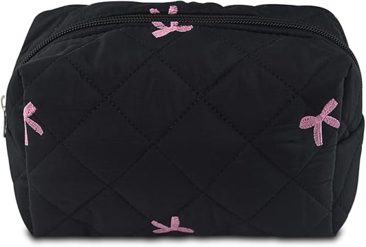 Quilted Makeup Pouch,Cotton Puffy Makeup Bag, Coquette Cosmetic Bag for Women and Girls, Aesthetic Organizer Bag, Cute Flower Travel Toiletry Bag