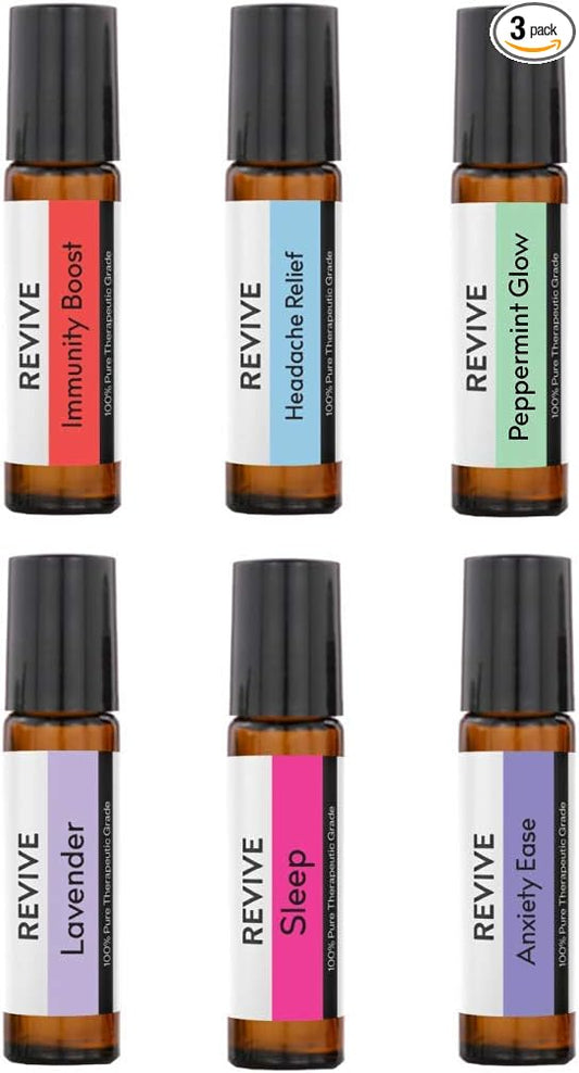 Top 6 Roll-Ons Kit by Revive Essential Oils - 100% Pure Therapeutic Grade, for Diffuser, Humidifier, Massage, Aromatherapy, Skin & Hair Care - Cruelty Free - Unrefined Oils with No Fillers.