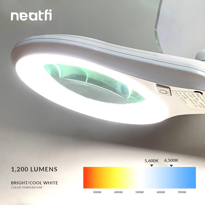 Neatfi 1,200 Lumens Super LED Magnifying Lamp with Clamp, Dimmable, Includes Microfiber Cleaning Cloth, 5 Inch Diameter Lens for Reading, Sewing, Crafting (White, 5 Diopter)
