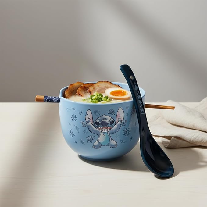 Silver Buffalo Disney Lilo and Stitch Hands Up Leaves and Flowers Ceramic Ramen Noodle Rice Bowl with Chopsticks and Spoon, Microwave Safe, 20 Ounces
