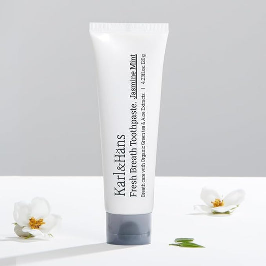 Karl&Hans Fresh Breath Jasmine Mint Toothpaste with Fluoride – Bad Breath Removal, Cooling Jasmine Mint Freshness, Cavity Protection, Whitening & Stain Removal, 4.23 fl oz