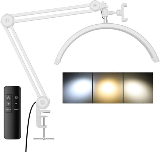 3000 Lm Adjustable LED Half Moon Light with Clamp & Task Lamp - Bright, Dimmable Lighting for Office, Crafts, Nails &Salon, Remote Control (CCT，White)