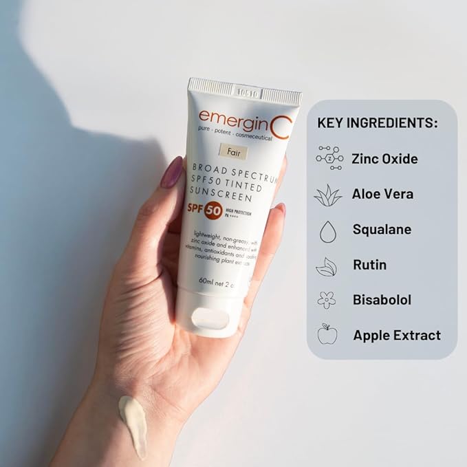 emerginC Broad Spectrum SPF 50 Tinted Mineral Sunscreen for Face (Fair) - Mineral Based Tinted SPF & Moisturizer with UVA/UVB Protection - Lightweight, Non-Greasy - With Aloe Vera & Zinc Oxide (2 oz)
