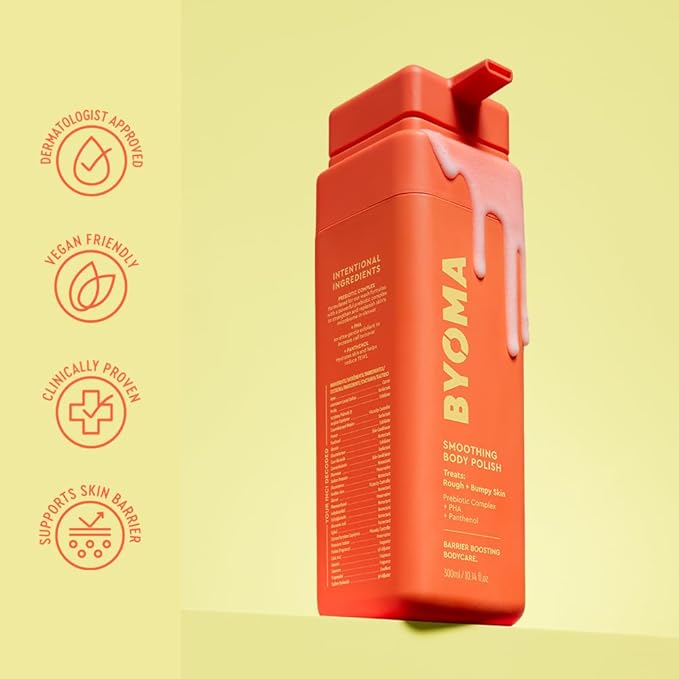 BYOMA Smoothing Body Polish - For Breakouts & Textured Skin - Exfoliating Body Scrub with PHA & Panthenol - Restores Skin Barrier & Soothes Inflammation - 10.14 fl oz