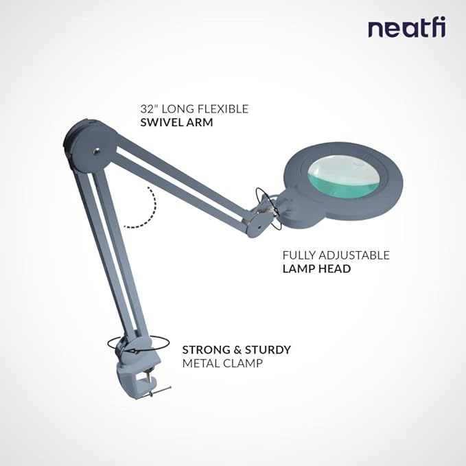 Neatfi XL Bifocal LED Magnifying Lamp, 7-Inch Acrylic Lens, 5D/20D Magnification, Hands-Free, Dimmable, 84 SMD LED, Adjustable Arm for Crafts, Reading, Close Work (Gray, with Clamp)