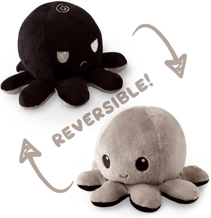 TeeTurtle - The Original Reversible Octopus Plushie - Black + Gray - Cute Sensory Fidget Stuffed Animals That Show Your Mood