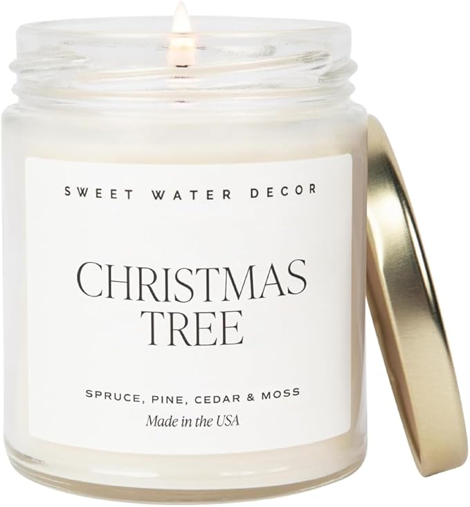 Sweet Water Decor Christmas Tree Candle - Pine Needles, Cedarwood, Cypress, and Evergreen Soy Holiday Scented Candles for Home - 9oz Clear Jar Candle, 40+ Hour Burn Time, Made in The USA
