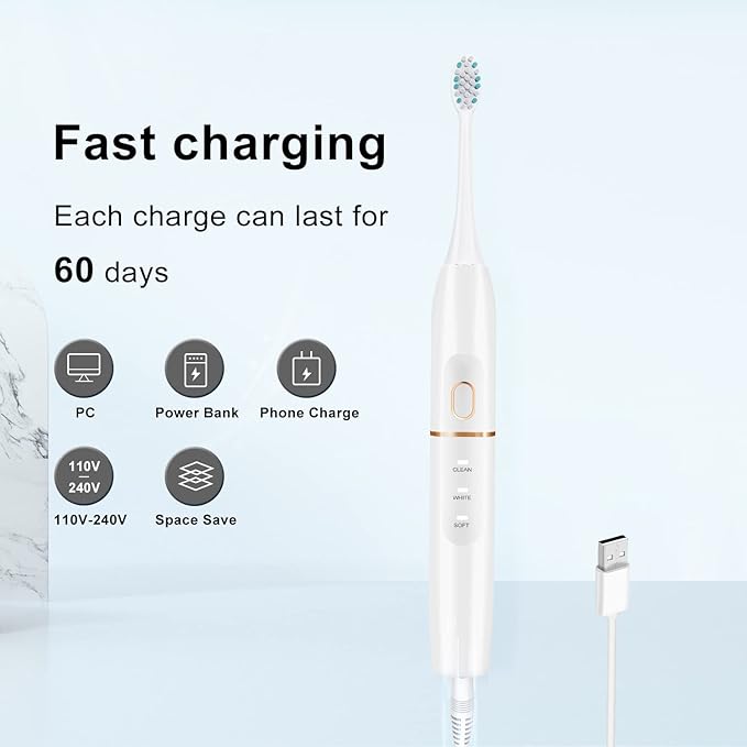 Electric Toothbrush Set, Comes with 8 Brush Heads & Travel Case,4 Modes with 2 Minutes Built in Smart Timer, One Charge for 60 Days, 42000 VPM Motor (White)