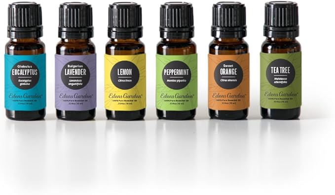 Edens Garden Top Essential Oils 6 Set – 100% Pure Therapeutic Grade, Undiluted: Lavender, Peppermint, Eucalyptus, Tea Tree, Lemongrass, Sweet Orange – Aromatherapy Oil for Diffusers, 10 ml/ 6 Pack