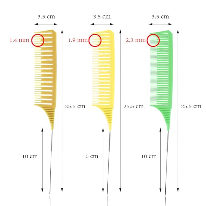 SKYPIA Hair Comb Set, 3 Piece Professional Dyeing Hair Comb Set Highlight Combs for Hair Stylist Weaving Styling Brush Set with Long Stainless Steel Rat Tail Stylist Combs for Hair (Yellow & Green)