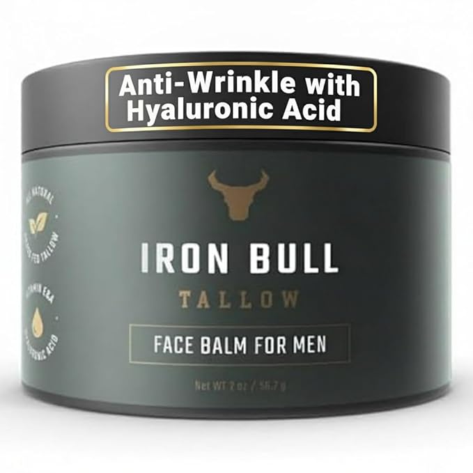 Iron Bull Beef Tallow Face Moisturizer for Men. Anti-Aging With Hyaluronic Acid for Wrinkles. Grass-Fed Beef Tallow Skin Balm & Jojoba Oil for All Skin Types. Natural Formula With a Clean Scent - 2 oz