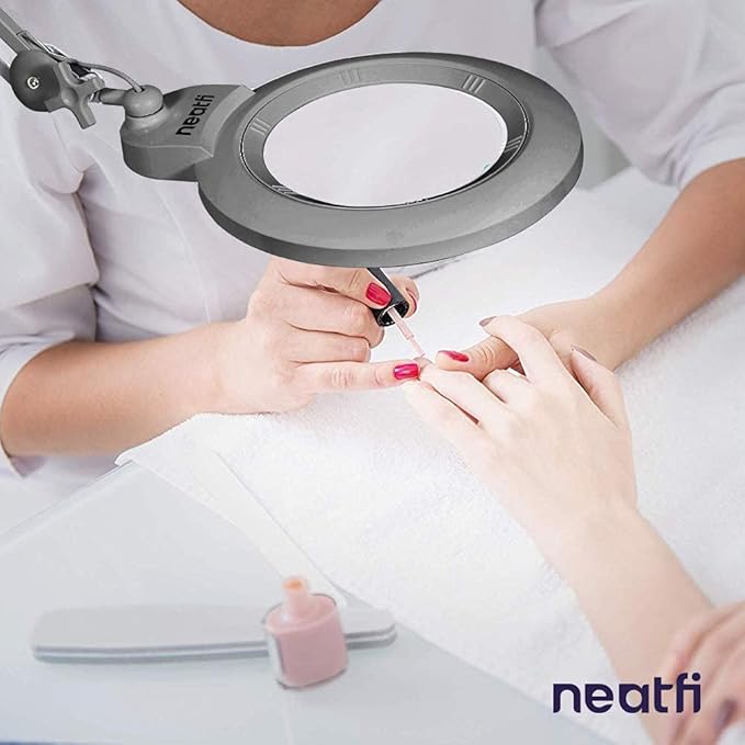 Neatfi XL Bifocal LED Magnifying Lamp, 7-Inch Acrylic Lens, 5D/20D Magnification, Hands-Free, Dimmable, 84 SMD LED, Adjustable Arm for Crafts, Reading, Close Work (Silver, with Clamp)