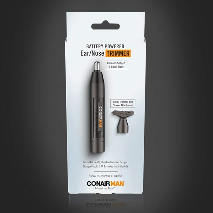 ConairMan Nose Hair Trimmer for Men, For Nose, Ear, and Eyebrows, Patent 360 Bevel Blade for No Pull, No Snag Trimming Experience, Cordless Trimmer 2 piece Set with Detail and Shaver Attachments
