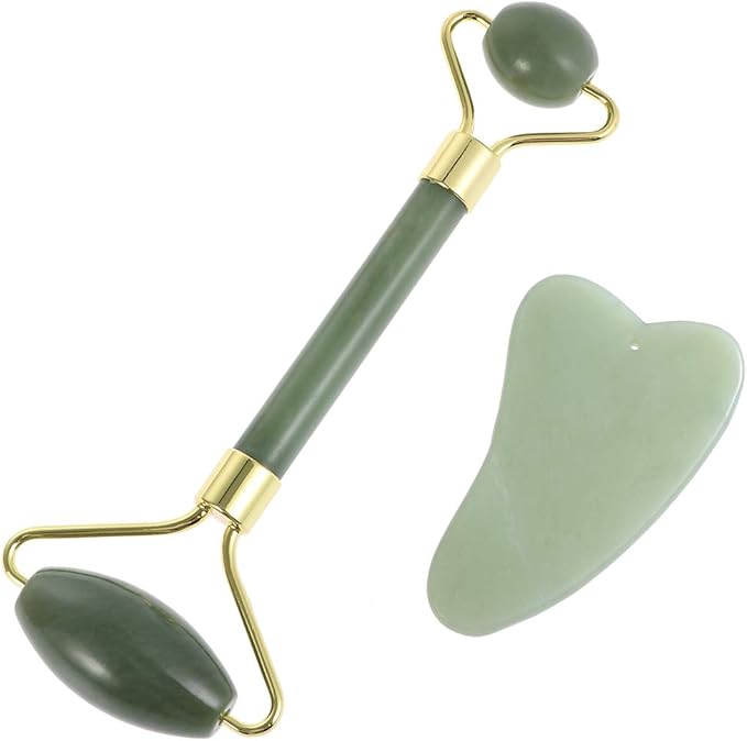 rosenice Gua Sha Facial Tools Guasha Tool Gua Sha Jade Stone for Face Skincare Facial Body Acupuncture Relieve Muscle Tensions Reduce Puffiness Festive Gifts (Green-Set)