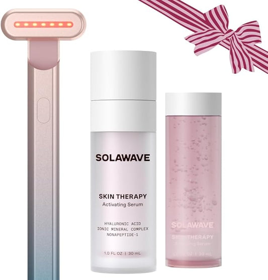 Solawave Red Light Therapy Starter Kit | Face Wand LED Device, Activating Serum, & Refill | Anti-Aging Tool for Depuffing, Under Eye Dark Circles, Reduces Appearance of Fine Lines, Lifts & Tones Neck