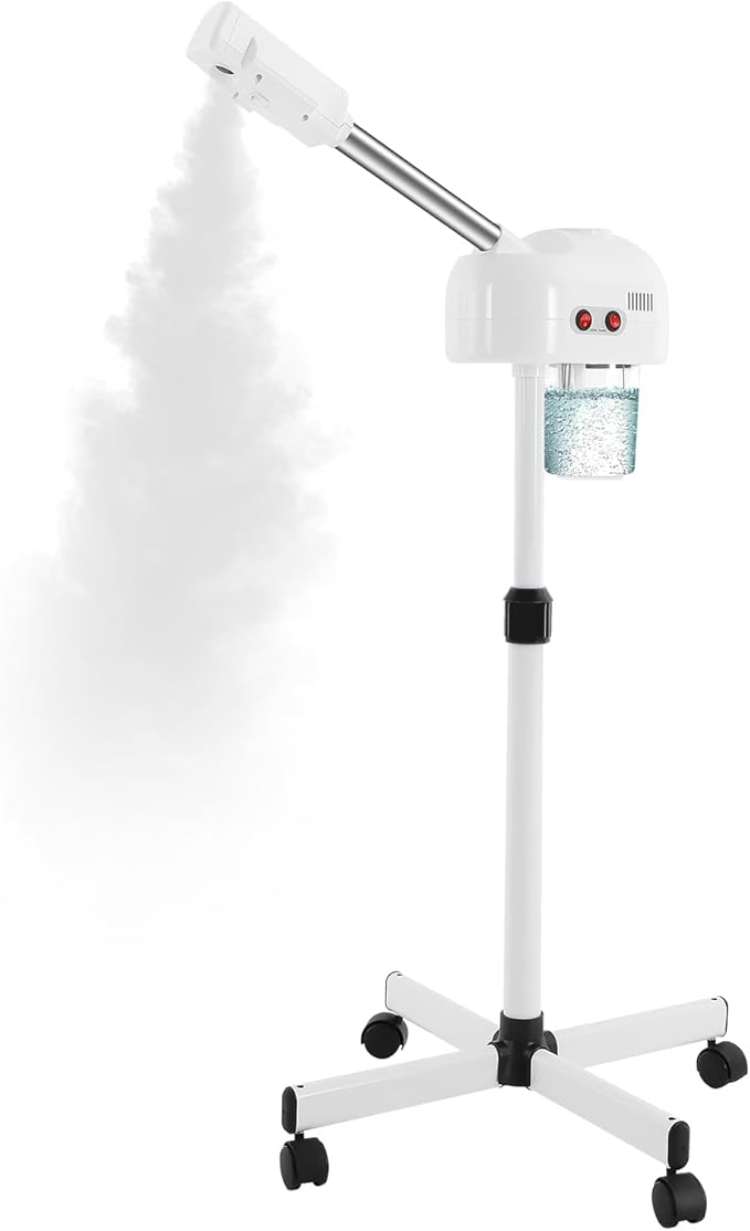 Professional Facial Steamer Mist Face Steamer Stand Ozone Facial Machine with Wheels Professional Skin Care Equipment for Shaving & Skin Care, Barbershop, Salon, Spa Use (White)