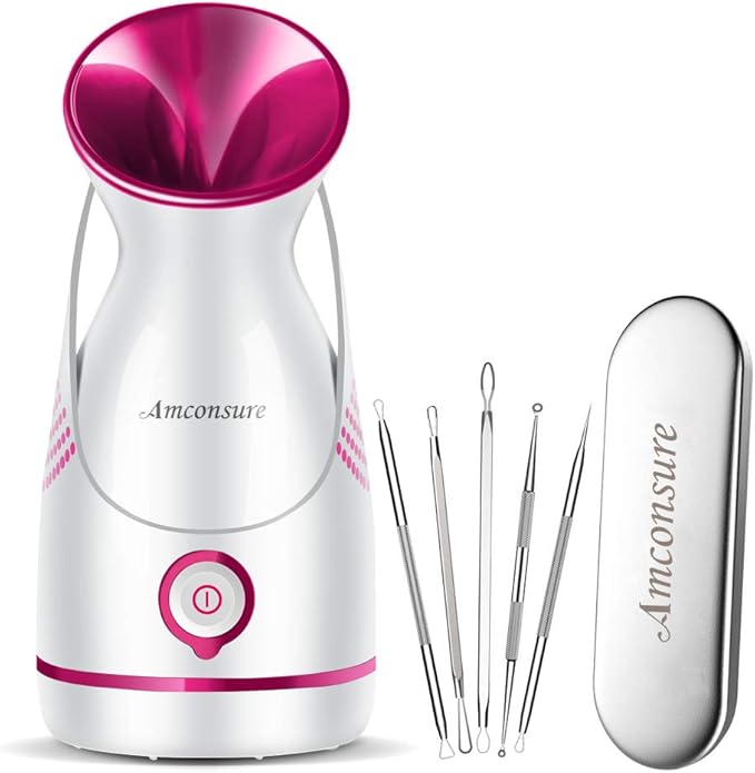 Amconsure Facial Steamer - Nano Ionic Face Steamer Warm Mist Steamer for Home Sauna SPA, Humidifier for Face Steamer for Deep Cleaning Unclogs Pores Sinuses - Bonus 5 Piece Stainless Steel Skin Kit
