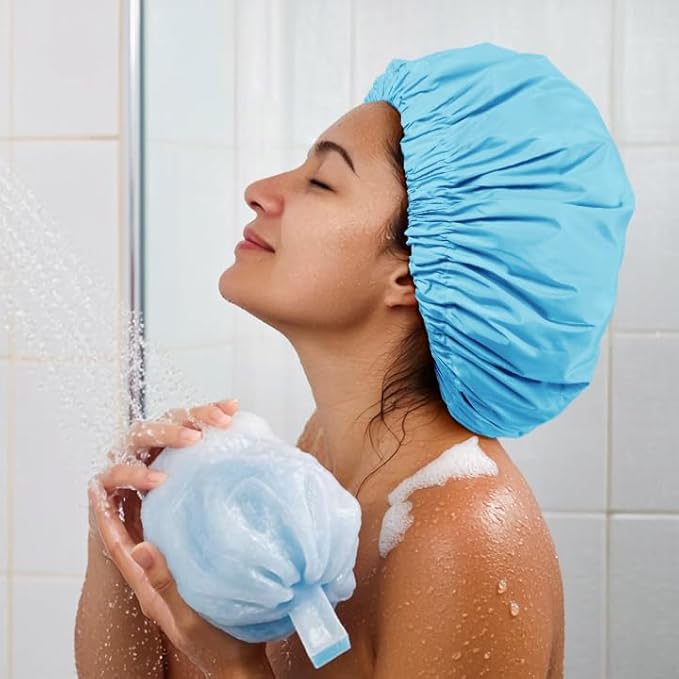 Reusable Shower Cap for Women, Large Waterproof Shower Bonnet Washable Elastic Band Bath Hair Hat for Long Hair, Braids(Lake Blue)