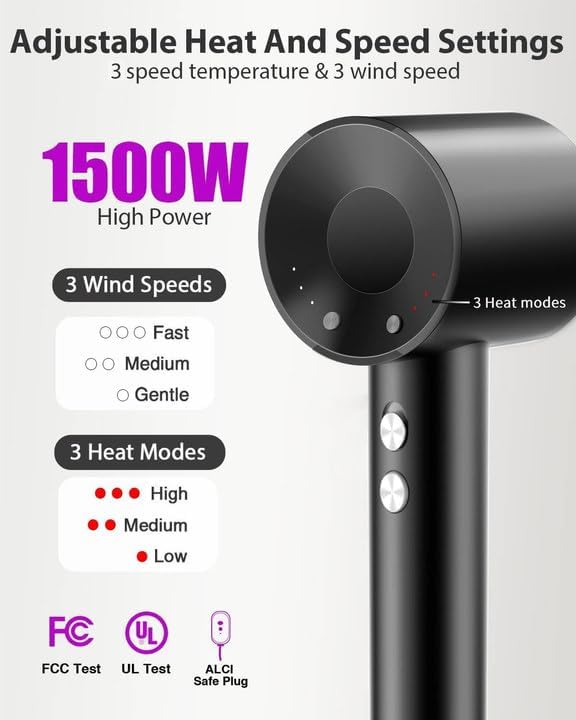 Hair Dryer with Carry Case, 160000 RPM Professional High-Speed Ionic Blow Dryer 200 Millions Negative Ionic&3 Speeds&3 Temps& Low Noise, Hairdryer with diffuser for Faster Drying, No Heat Damage,Black